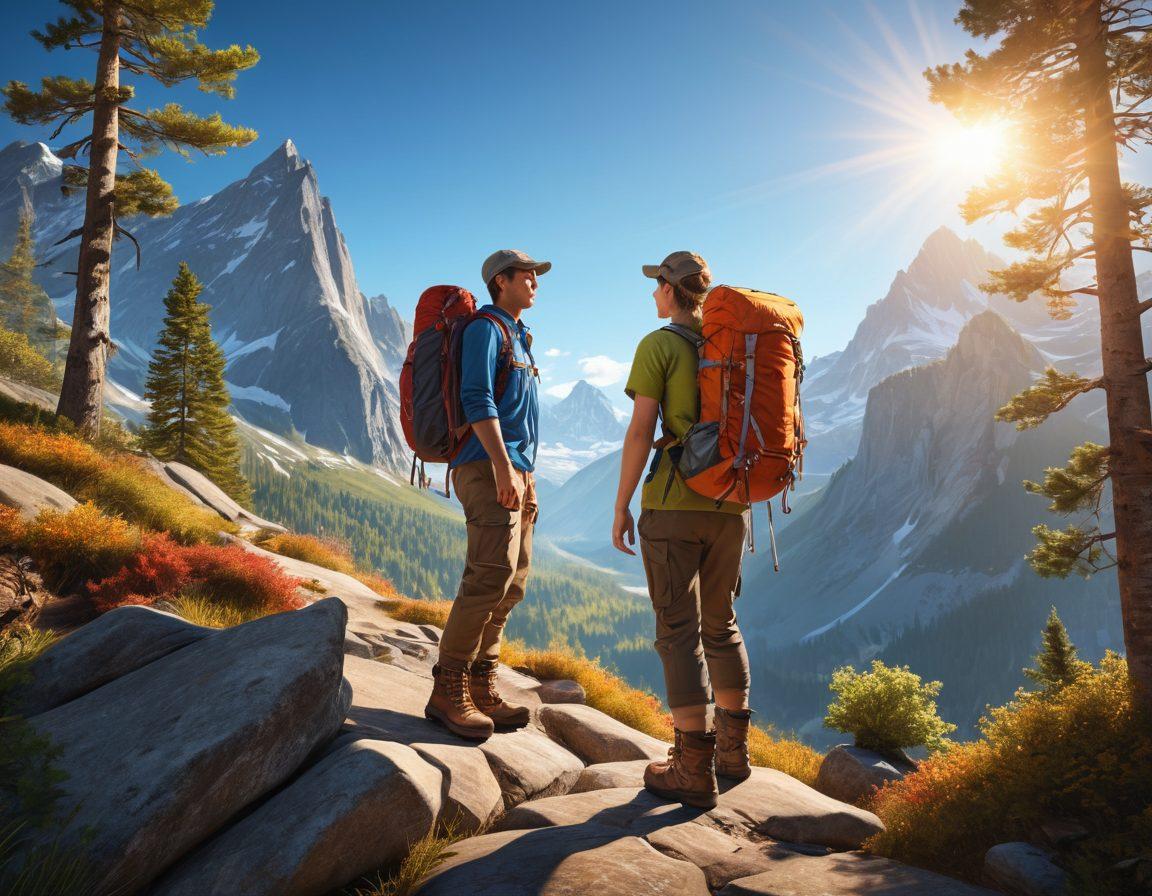 A stunning outdoor scene featuring an adventurous hiker preparing for a trek, surrounded by essential gear like a high-tech backpack, hiking boots, a portable camping stove, and a compass. In the background, majestic mountains and a clear blue sky evoke a sense of exploration and freedom. Sunlight filters through the trees, creating a warm and inviting atmosphere. super-realistic. vibrant colors. 3D.
