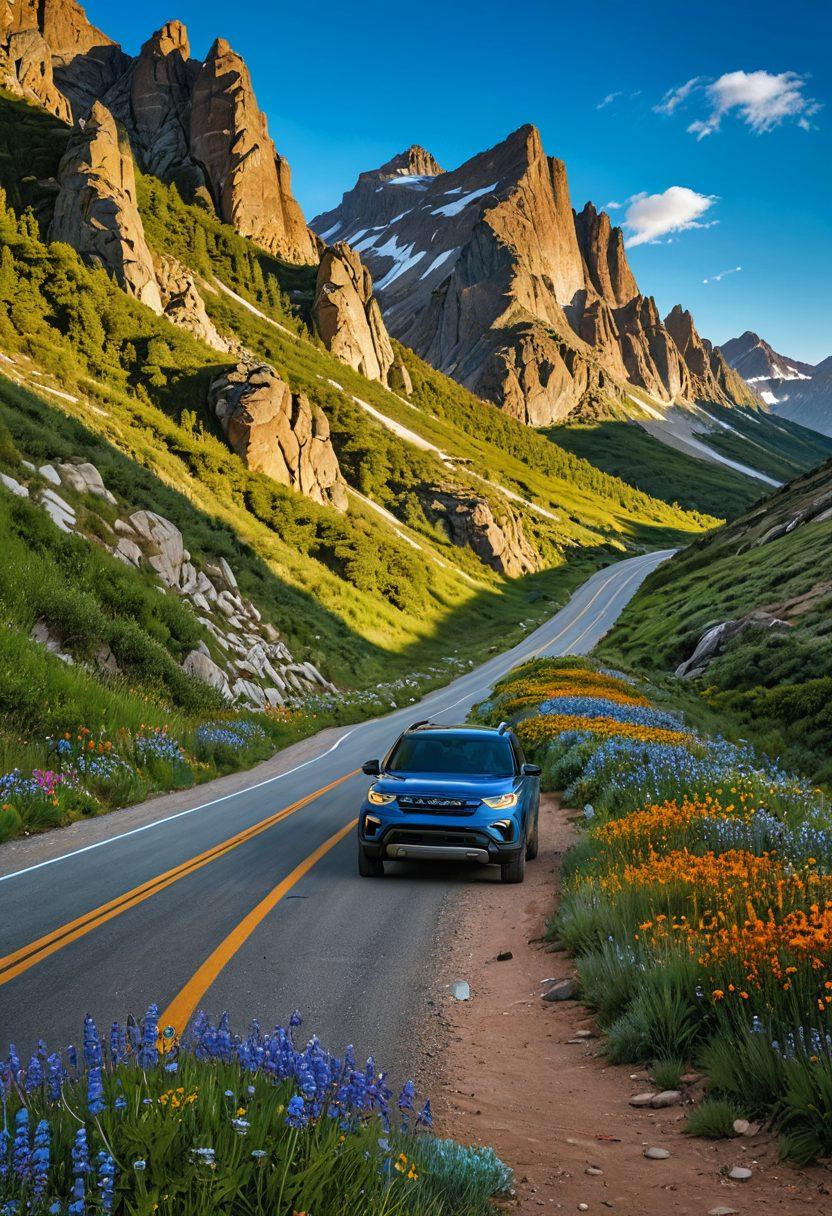 A dynamic composition showcasing a rugged mountain trail leading into a sleek highway, with an explorer in outdoor gear on one side and a motorsport vehicle on the other. The scene captures the essence of adventure with vibrant landscapes, diverse flora, and a blue sky above. Elements like hiking boots, a backpack, and a motorcycle helmet are featured prominently. This blend of nature and speed symbolizes the journey from trails to highways. super-realistic. vibrant colors. adventurous atmosphere.