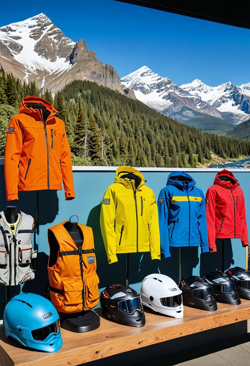 A collage featuring stylish adventure apparel on mannequins, highlighting durable materials and vibrant designs, paired with essential road trip gear like backpacks, travel mugs, and maps. Include scenic elements such as mountains and a winding road in the background, representing adventure. Emphasize safety gear like helmets and reflective jackets subtly integrated into the display. super-realistic. vibrant colors. outdoor setting.